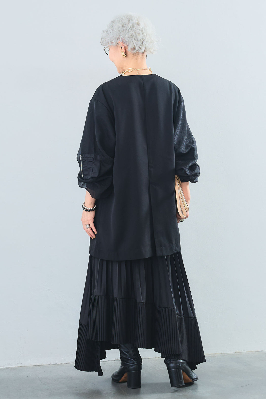 【SET】アシンメトリーロンT+MA-1オーガンジースリーブノーカラージャケット+アシンメトリープリーツスカート(3set)