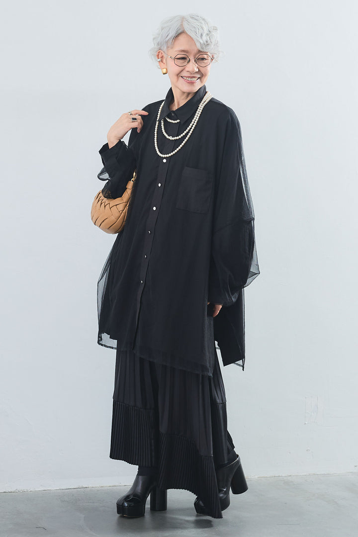 【SET】オーバーチュールレイヤードロングシャツ+アシンメトリープリーツスカート(2set)