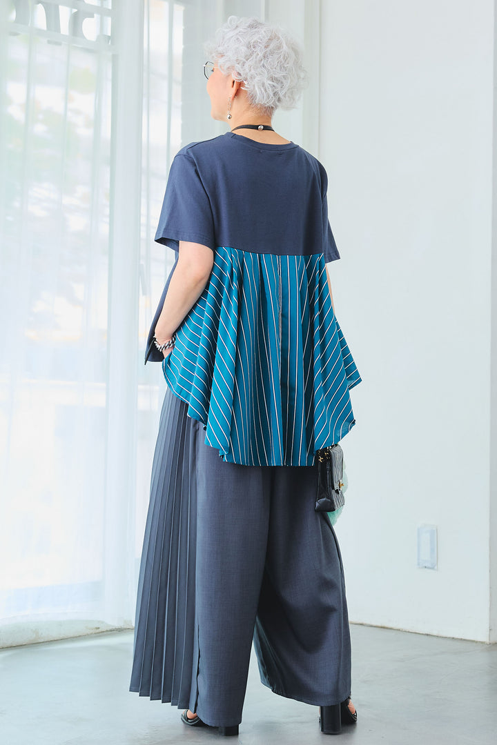 【SET】ストライプドッキングバックロングT+サイドプリーツワイドパンツ(2set)
