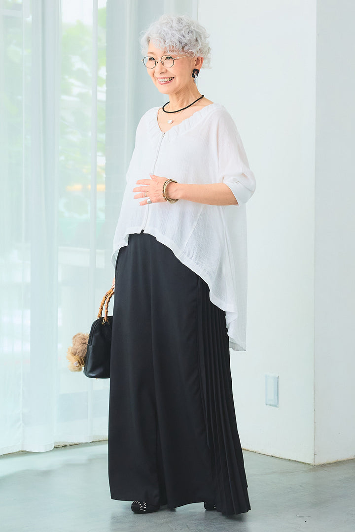 【SET】ギャザーネックロングテールZIPブラウス+サイドプリーツワイドパンツ(2set)