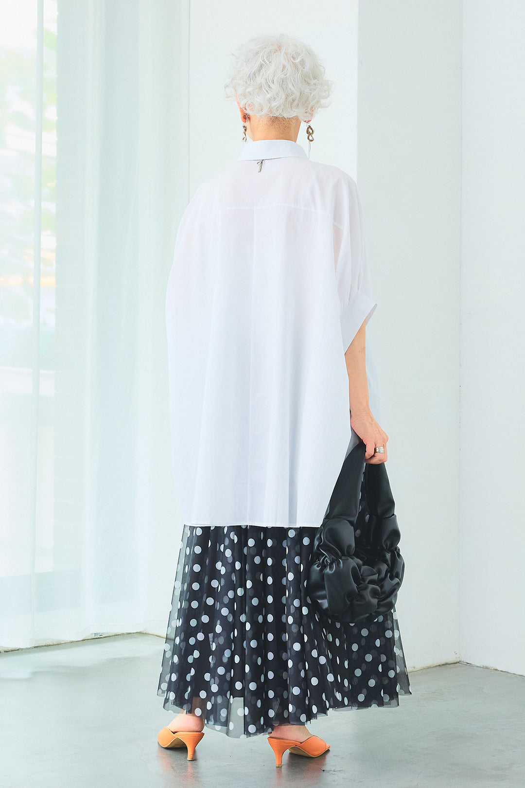 【SET】ドロップスリーブバックロングオーバーシャツ+ドットチュールフレアスカート(2set)