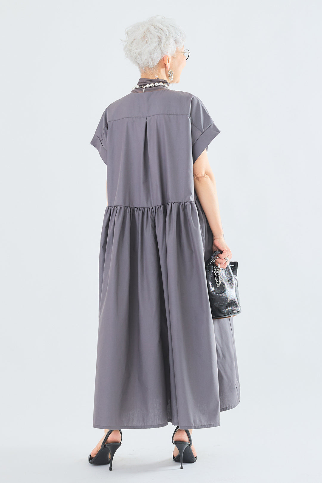 【SET】シアーハイネックノースリトップス+オーバーフレンチスリーブギャザーシャツワンピース(2set)