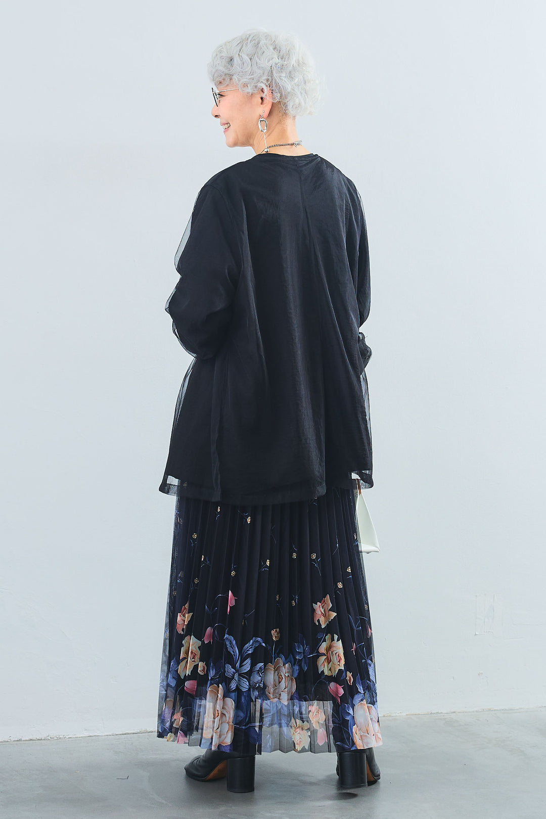【SET】アシンメトリーロンT+チュールレイヤードノーカラージャケット+シアーフラワープリーツスカート(3set)