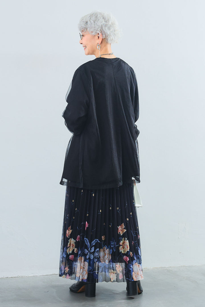 【SET】アシンメトリーロンT+チュールレイヤードノーカラージャケット+シアーフラワープリーツスカート(3set)