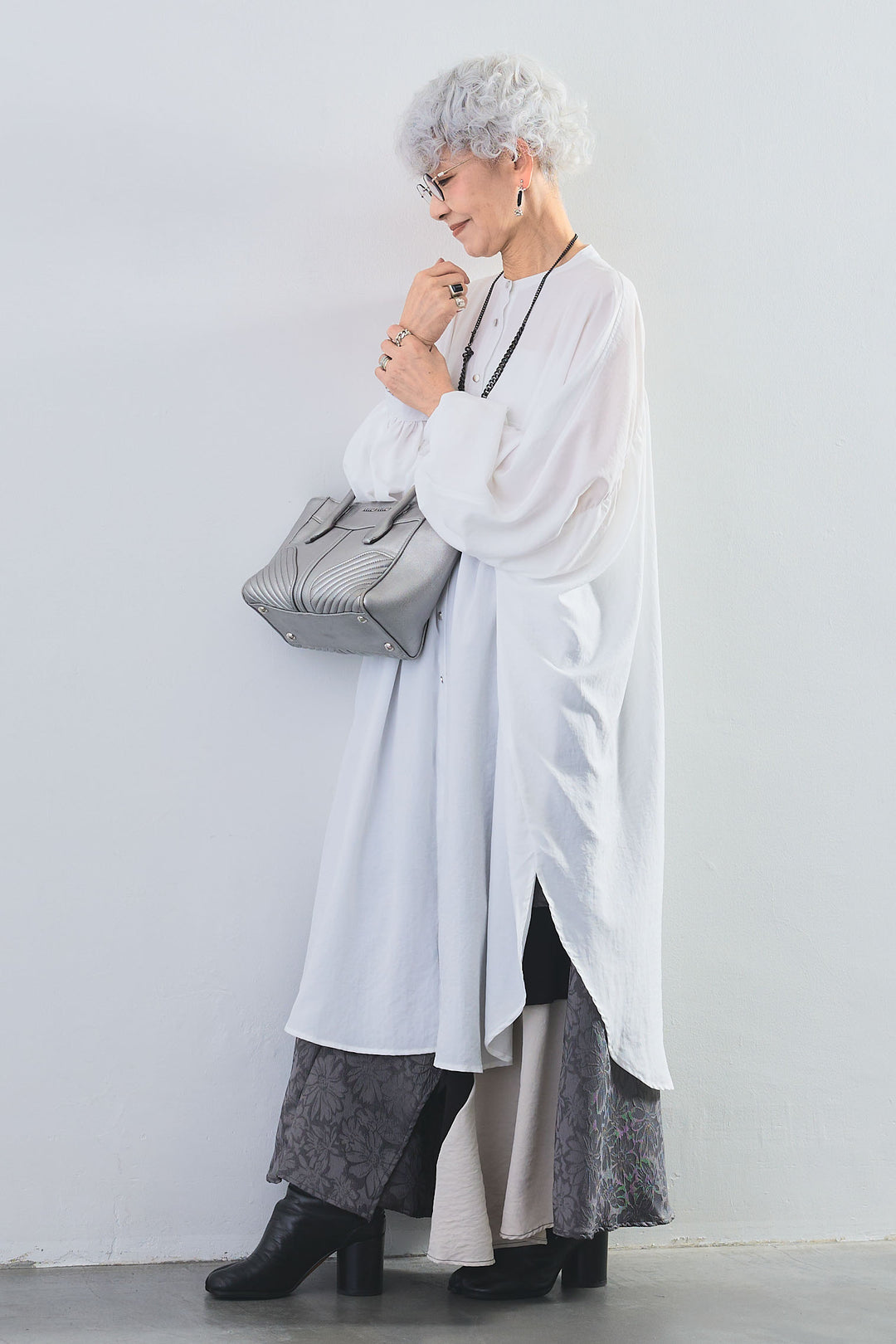 【SET】フロントスリットルーズロングシャツ+ジャガードアシンメトリーカラースカート(2set)