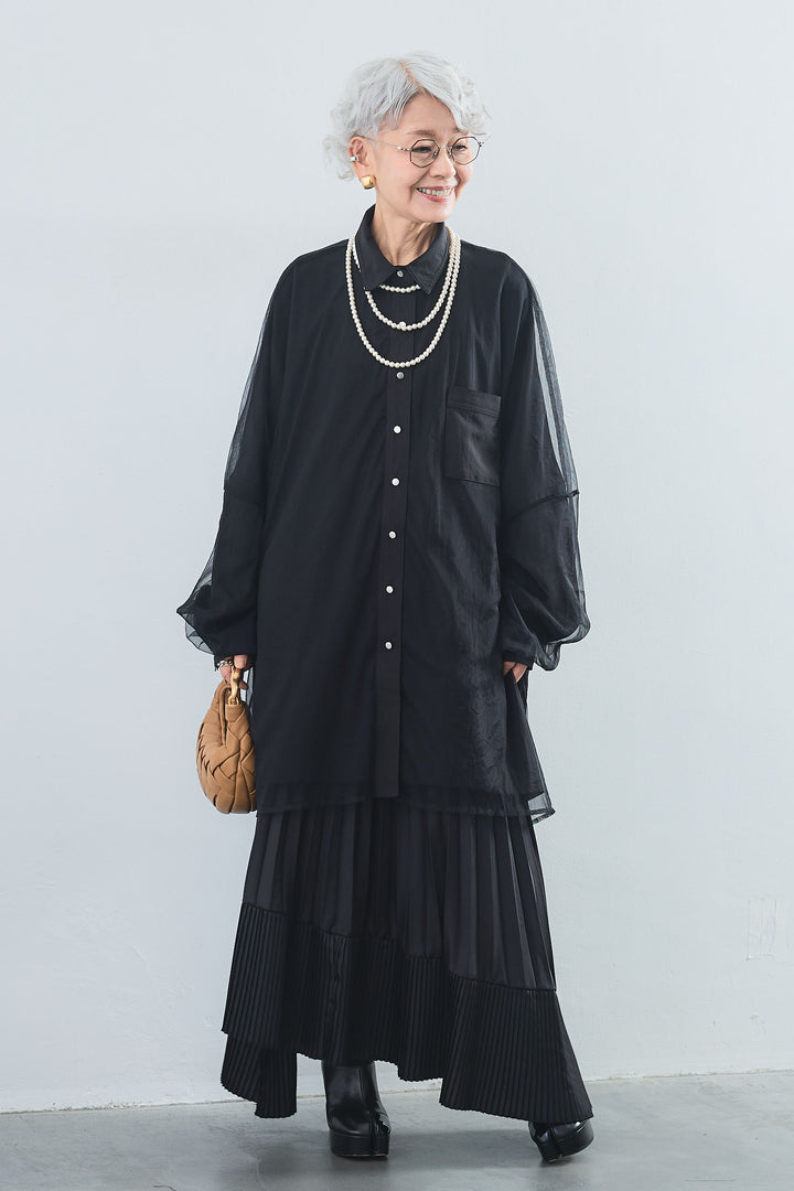 【SET】オーバーチュールレイヤードロングシャツ+アシンメトリープリーツスカート(2set)