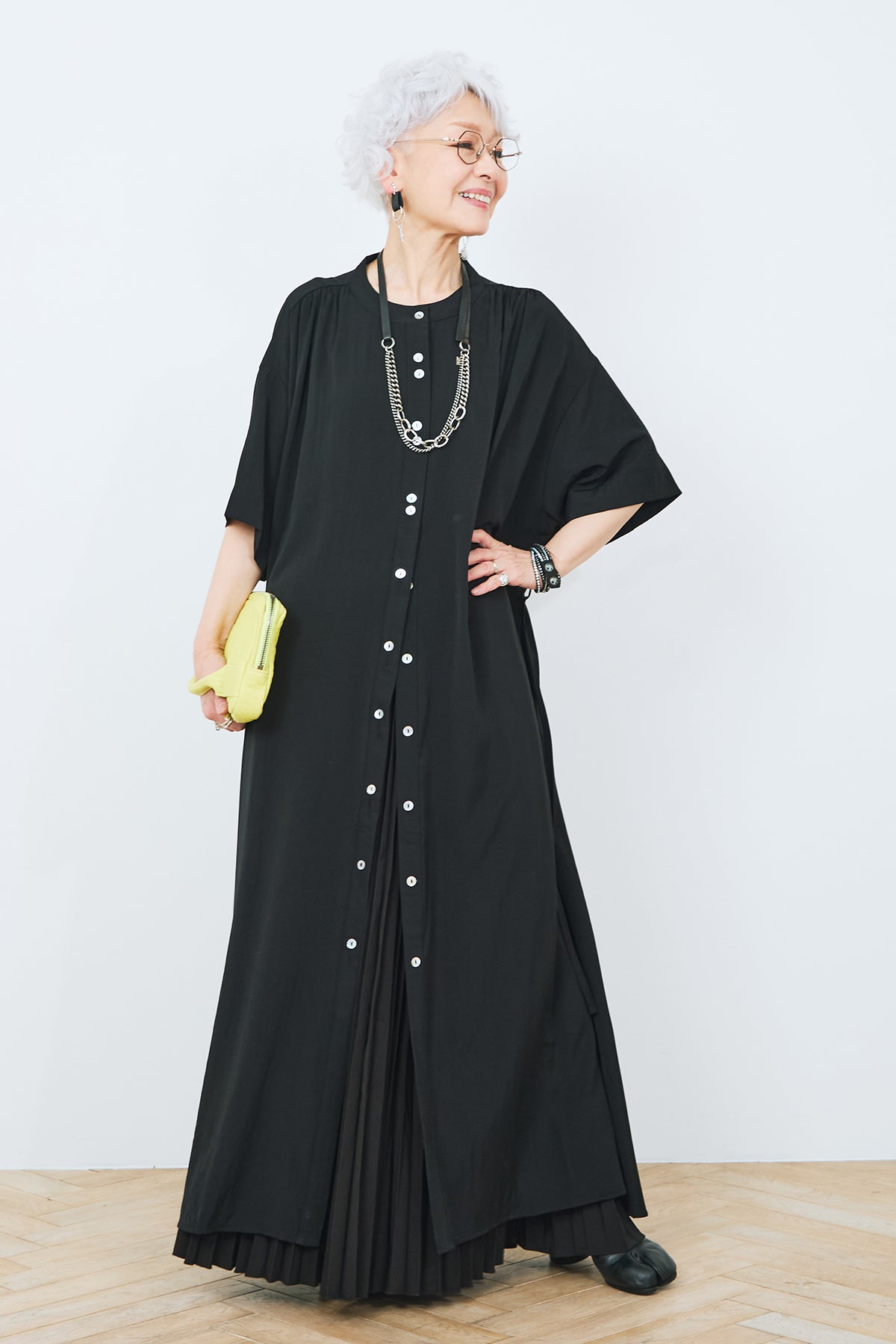 SET】オーバーサイズマキシシャツワンピース+プリーツフレア