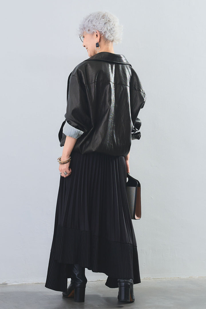 【SET】アシンメトリーロンT+ヴィンテージグロッシーエコレザージャケット+アシンメトリープリーツスカート(3set)