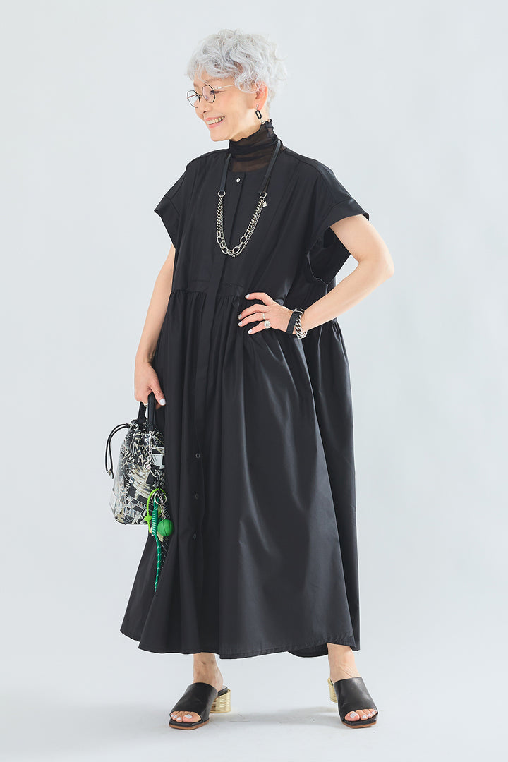 【SET】シアーハイネックノースリトップス+オーバーフレンチスリーブギャザーシャツワンピース(2set)