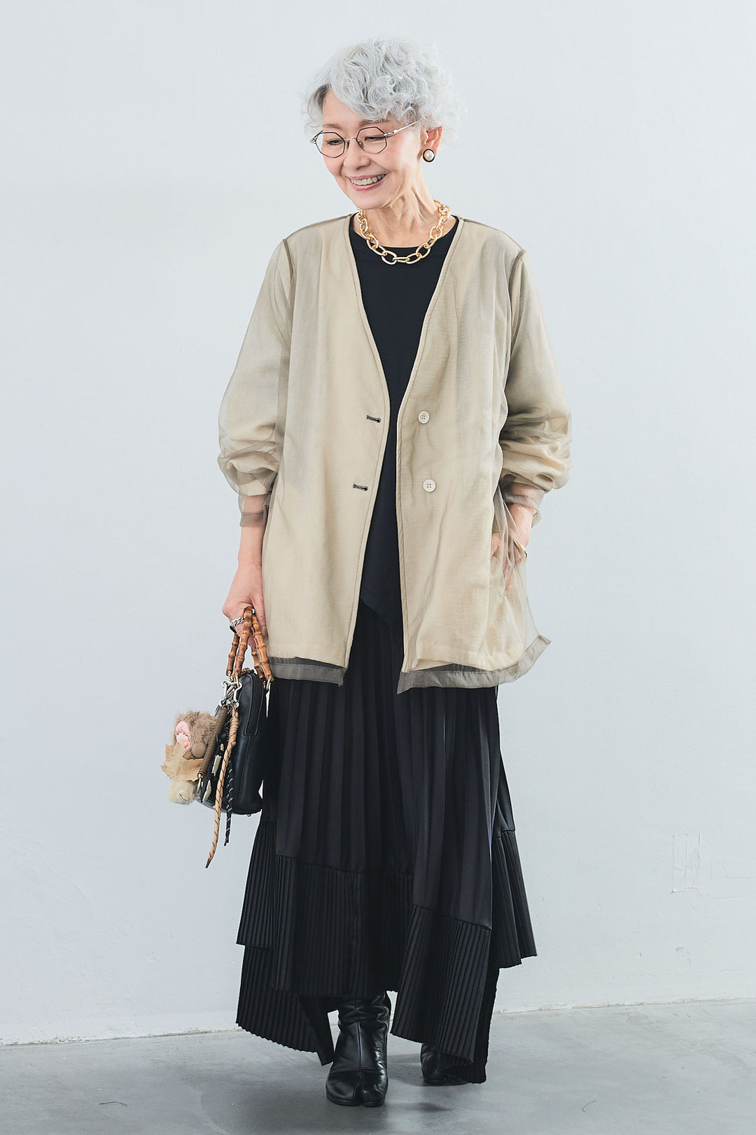 【SET】アシンメトリーロンT+チュールレイヤードノーカラージャケット+アシンメトリープリーツスカート(3set)