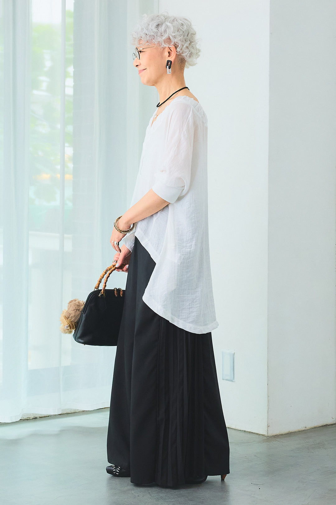 【SET】ギャザーネックロングテールZIPブラウス+サイドプリーツワイドパンツ(2set)