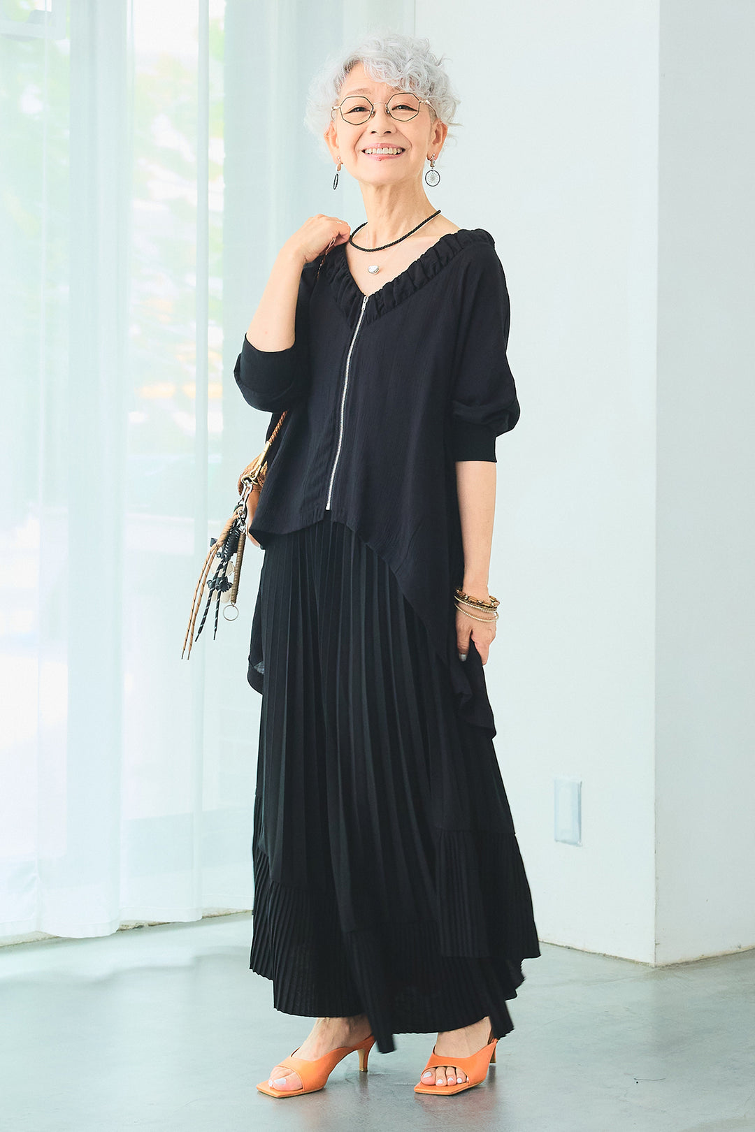 【SET】ギャザーネックロングテールZIPブラウス+アシンメトリーラッフルプリーツスカート(2set)