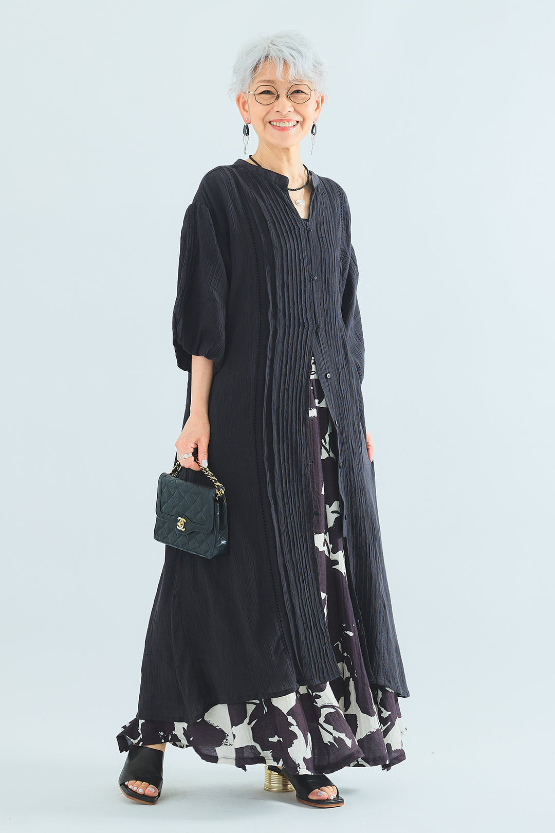 【SET】インディアンコットン×レースボリュームスリーブシャツワンピース+モノトーンフラワーフレアスカート(2set)