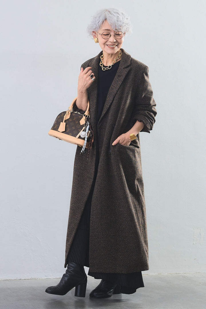 【SET】アシンメトリーロンT+ツイードロングチェスターコート+アシンメトリープリーツスカート(3set)