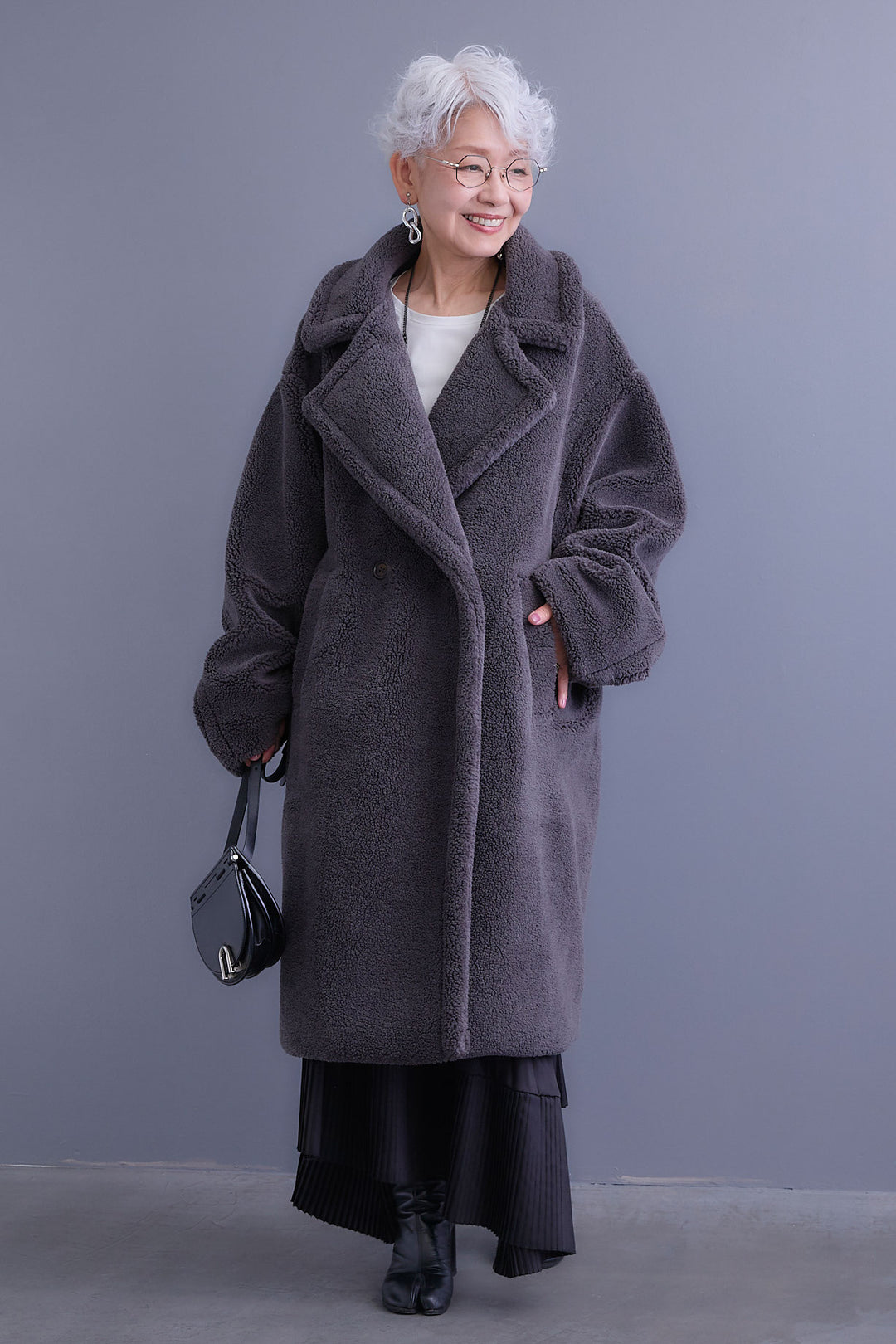【SET】アシンメトリーロンT+テディボアロングコート+アシンメトリープリーツスカート(3set)