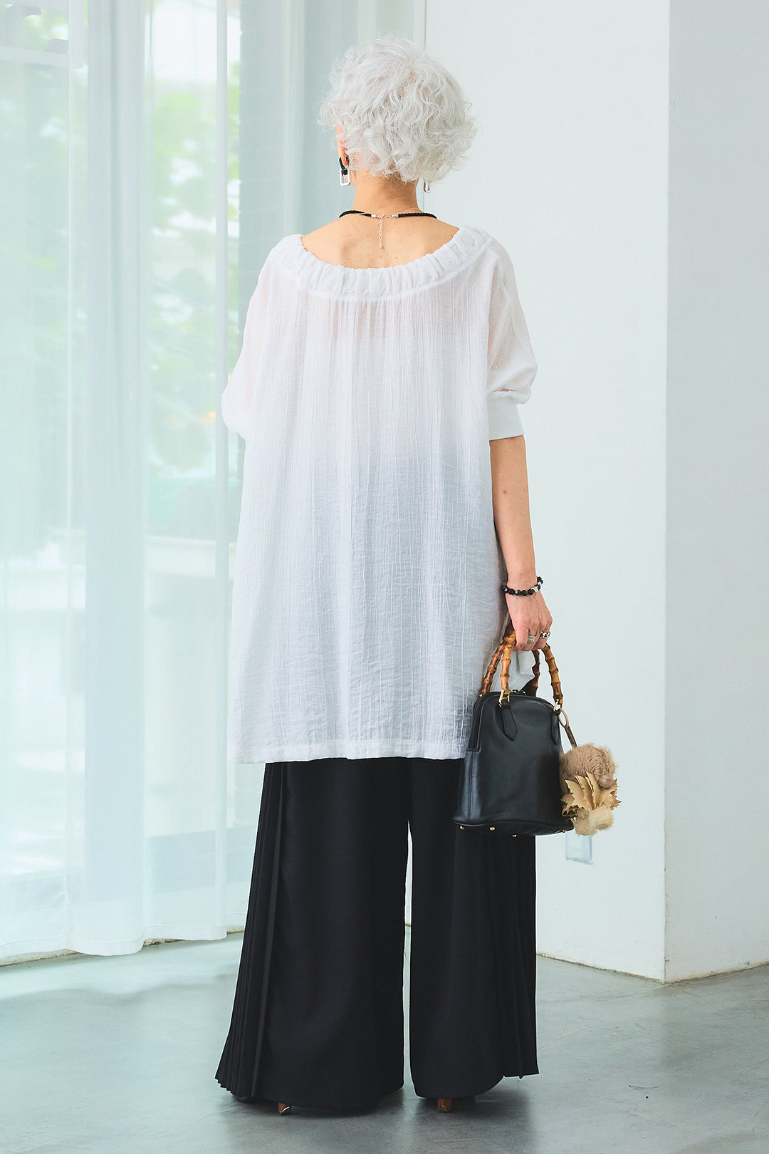 【SET】ギャザーネックロングテールZIPブラウス+サイドプリーツワイドパンツ(2set)