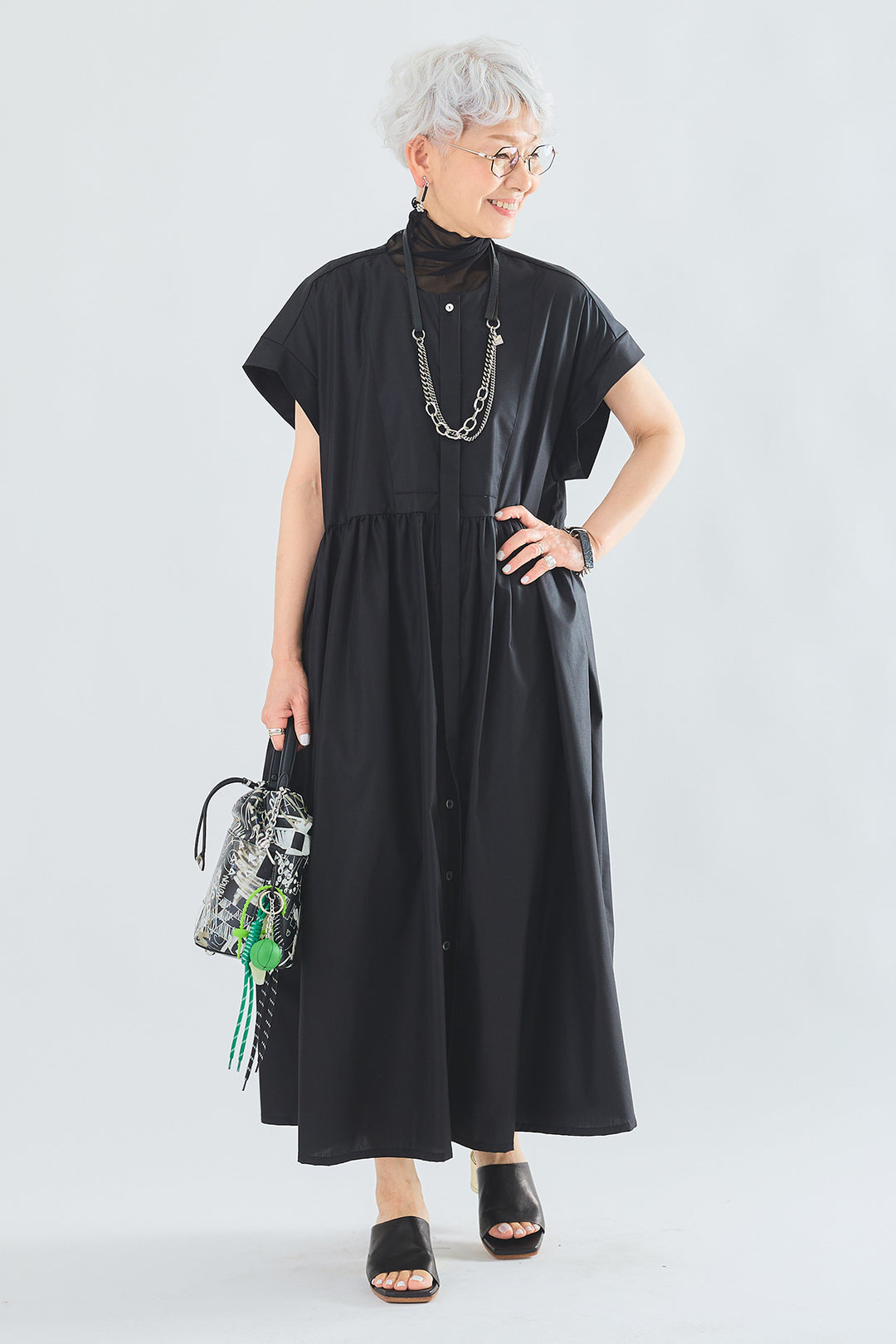 【SET】シアーハイネックノースリトップス+オーバーフレンチスリーブギャザーシャツワンピース(2set)