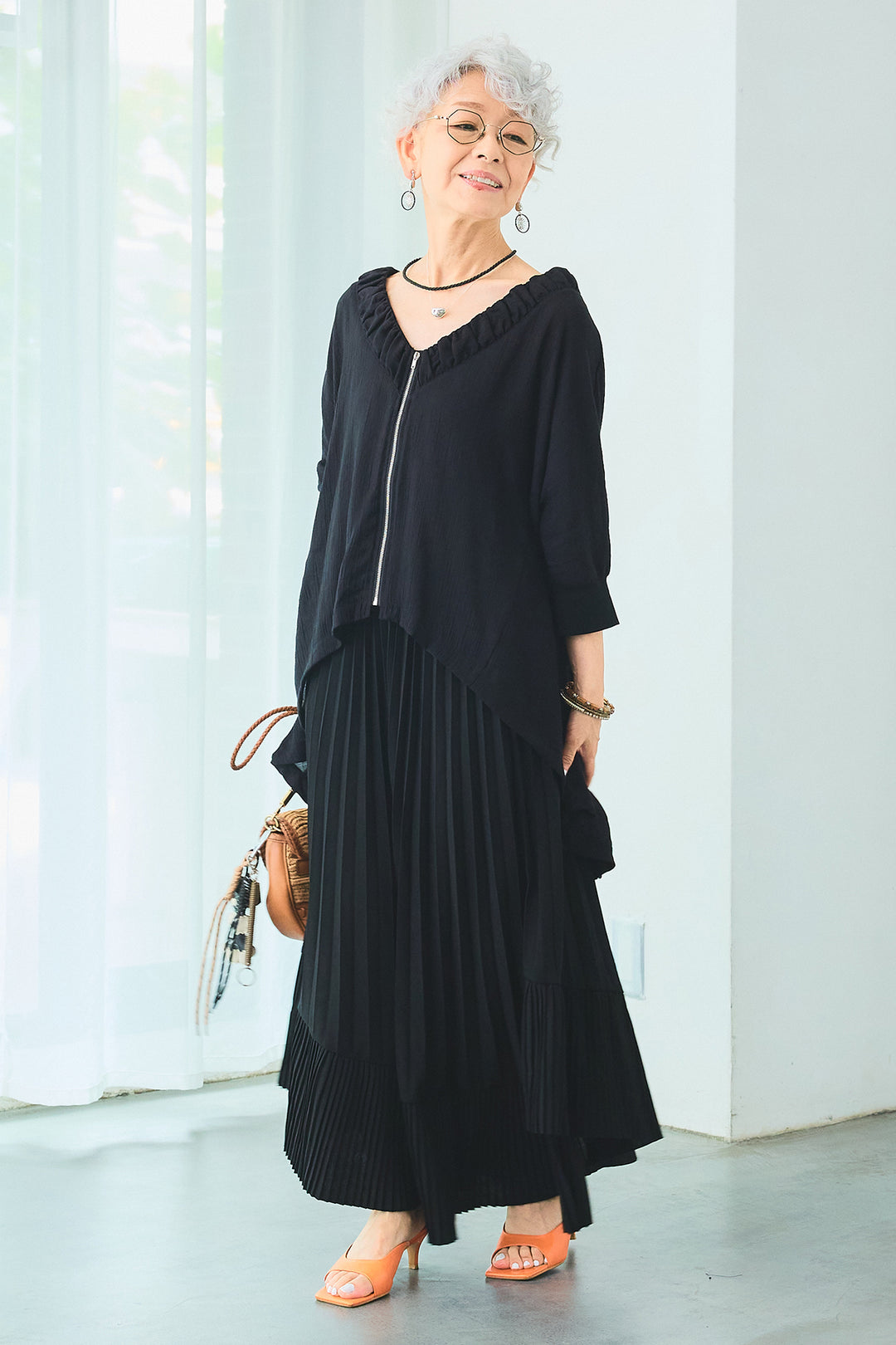 【SET】ギャザーネックロングテールZIPブラウス+アシンメトリーラッフルプリーツスカート(2set)