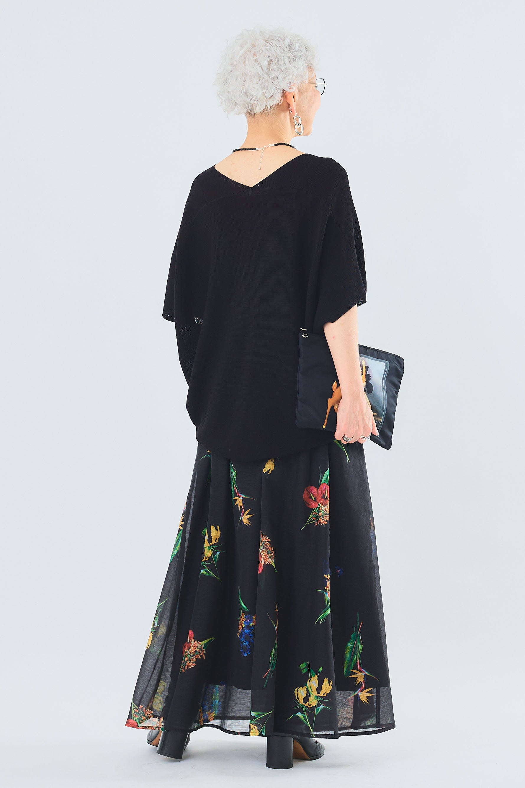 SET】ドルマンスリーブサマーニット+モードシアーフラワータックフレア