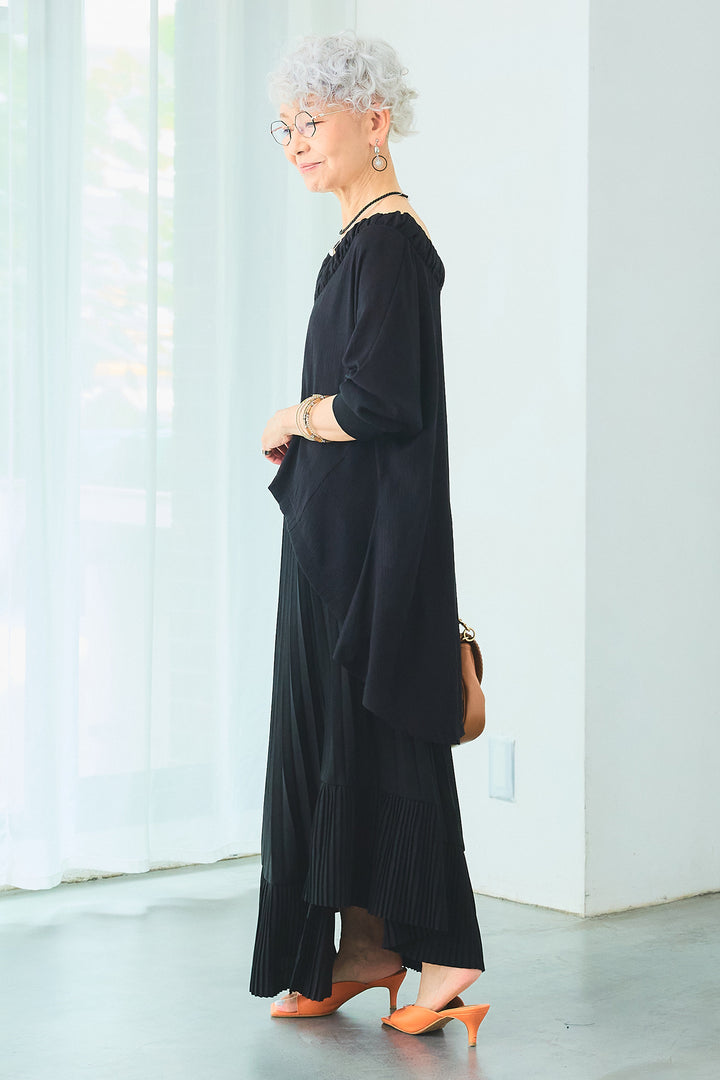 【SET】ギャザーネックロングテールZIPブラウス+アシンメトリーラッフルプリーツスカート(2set)