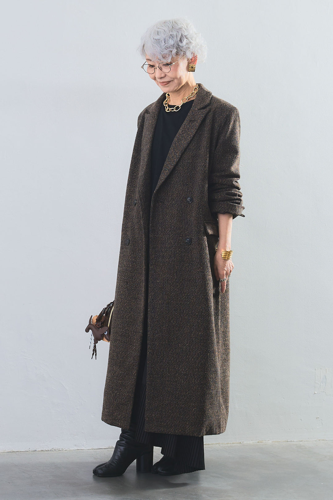 【SET】アシンメトリーロンT+ツイードロングチェスターコート+アシンメトリープリーツスカート(3set)