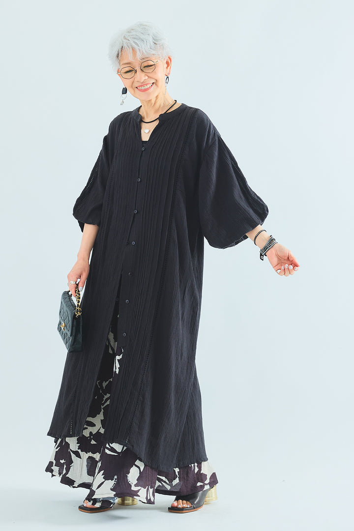【SET】インディアンコットン×レースボリュームスリーブシャツワンピース+モノトーンフラワーフレアスカート(2set)
