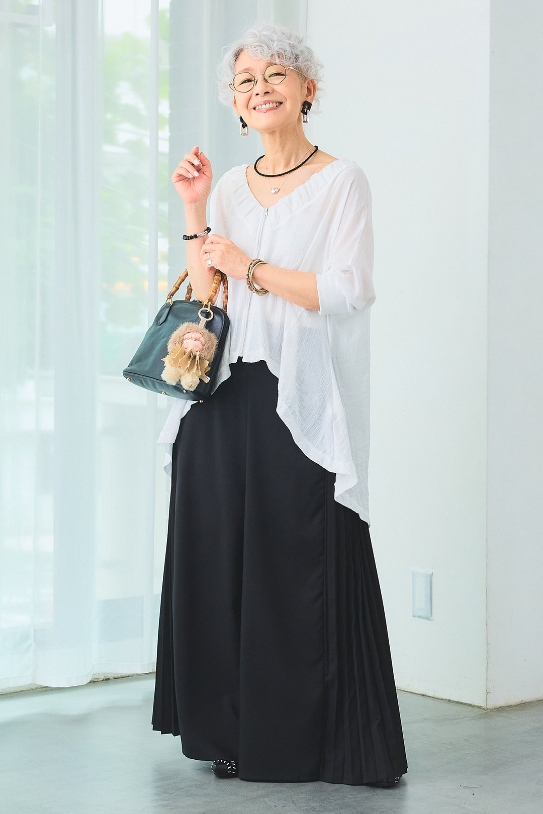 【SET】ギャザーネックロングテールZIPブラウス+サイドプリーツワイドパンツ(2set)