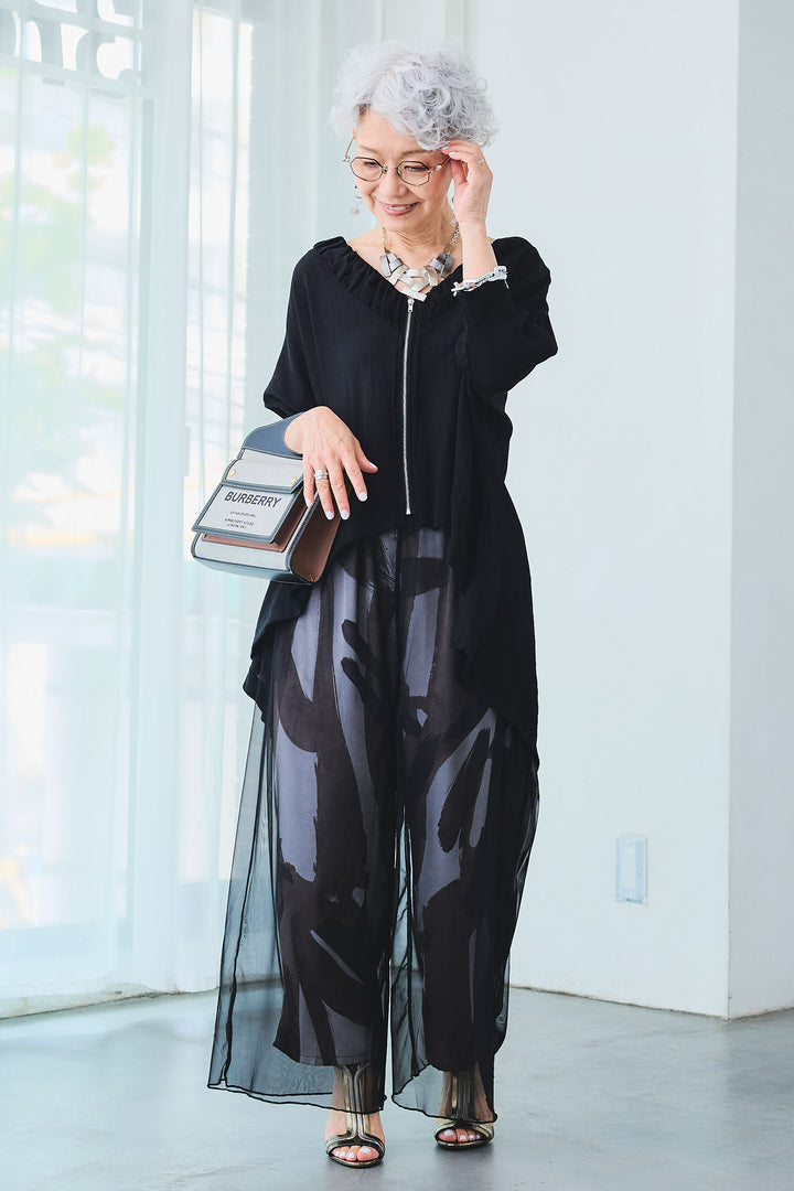 【SET】ギャザーネックロングテールZIPブラウス+シアーチュールレイヤードアートパンツ(2set)