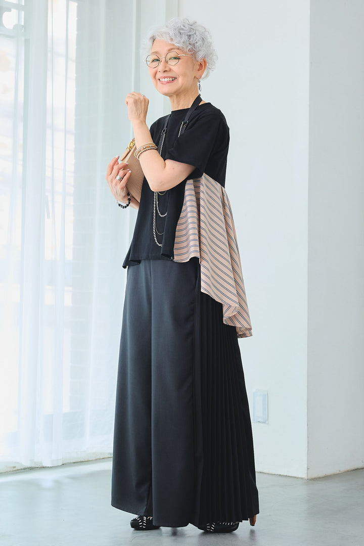 【SET】ストライプドッキングバックロングT+サイドプリーツワイドパンツ(2set)