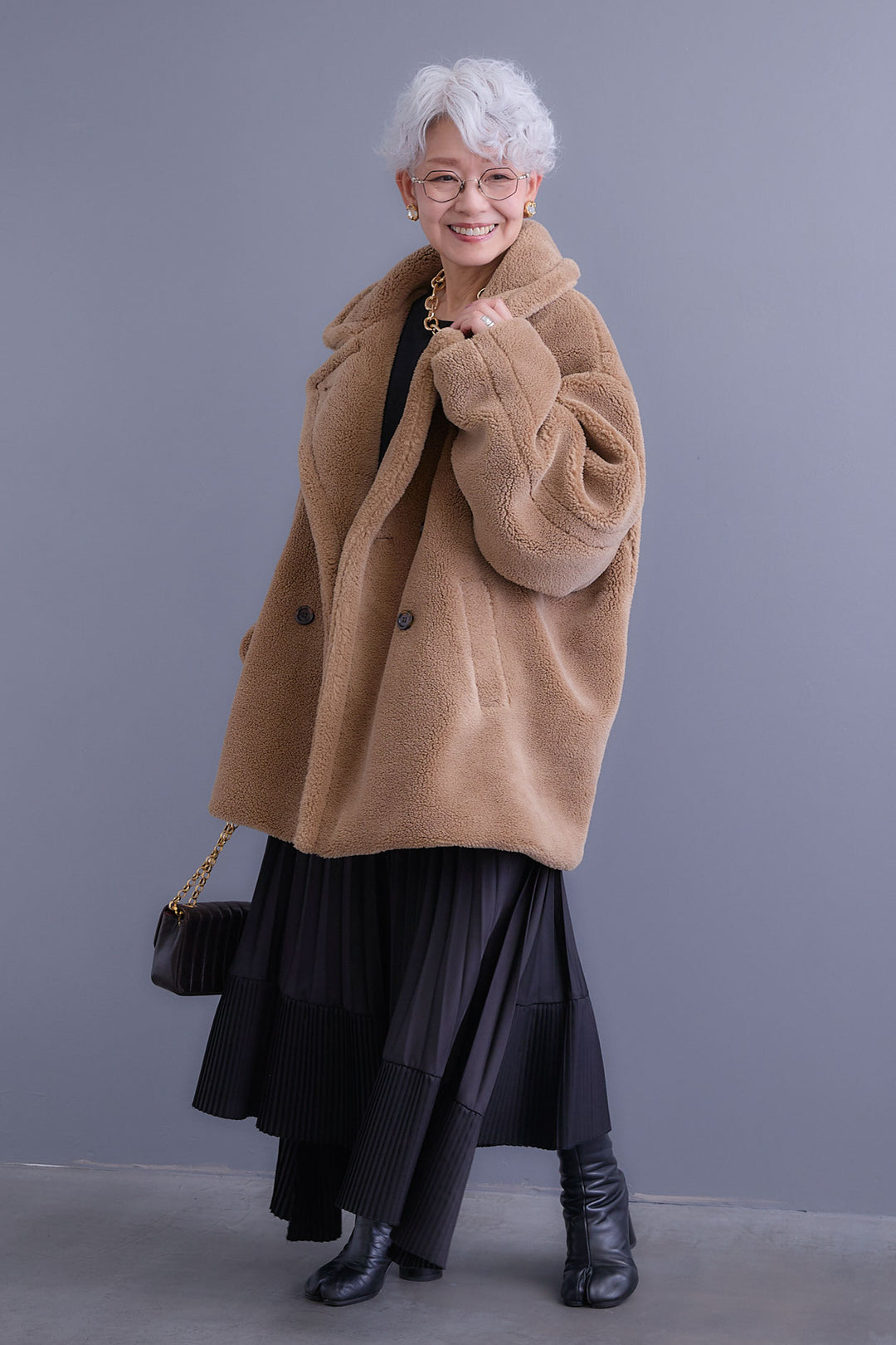 【SET】アシンメトリーロンT+テディボアミディコート+アシンメトリープリーツスカート(3set)