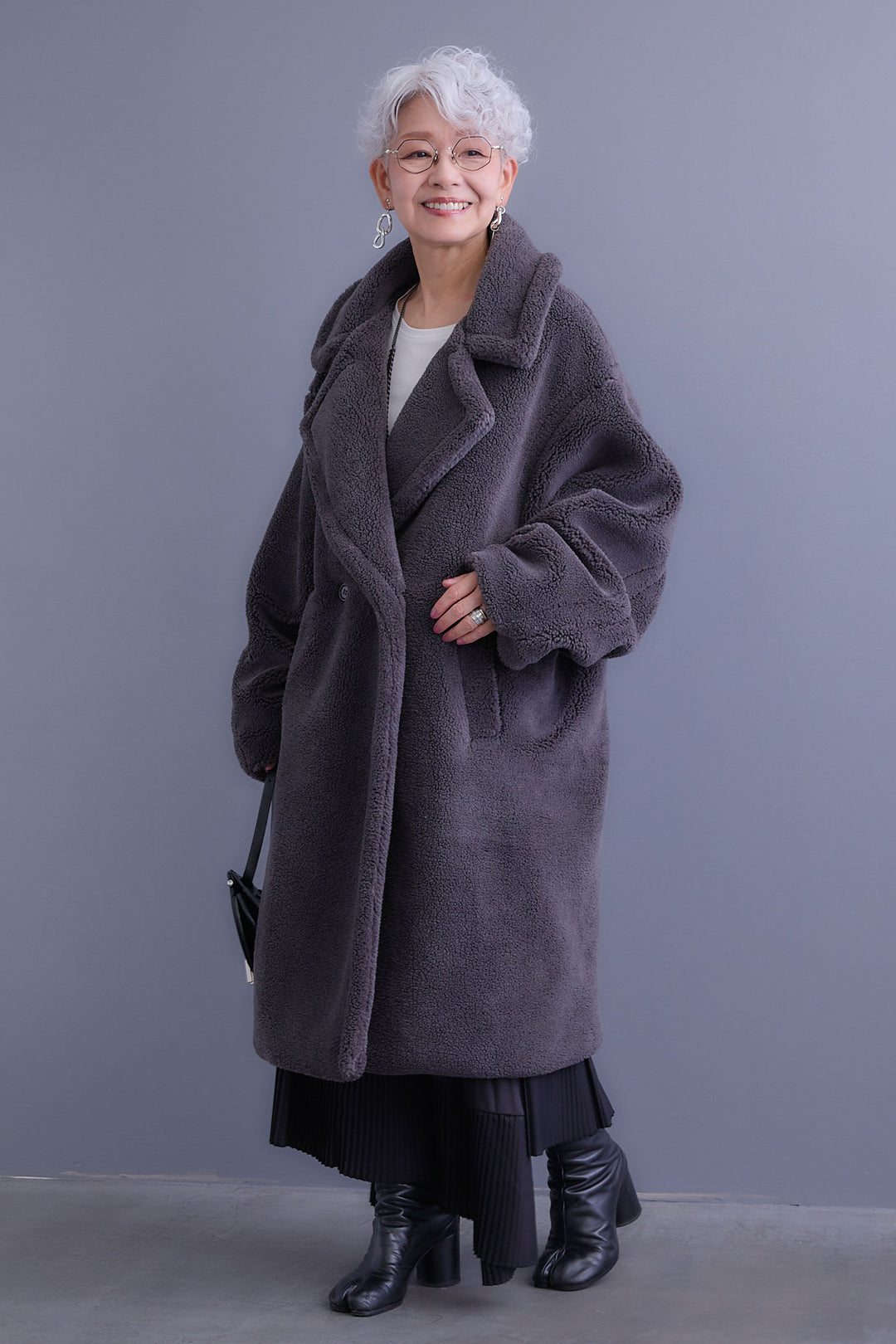 【SET】アシンメトリーロンT+テディボアロングコート+アシンメトリープリーツスカート(3set)
