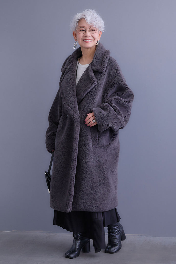 【SET】アシンメトリーロンT+テディボアロングコート+アシンメトリープリーツスカート(3set)