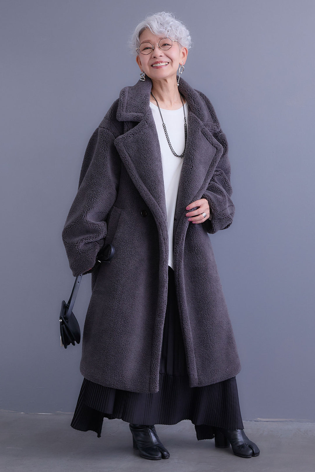 【SET】アシンメトリーロンT+テディボアロングコート+アシンメトリープリーツスカート(3set)