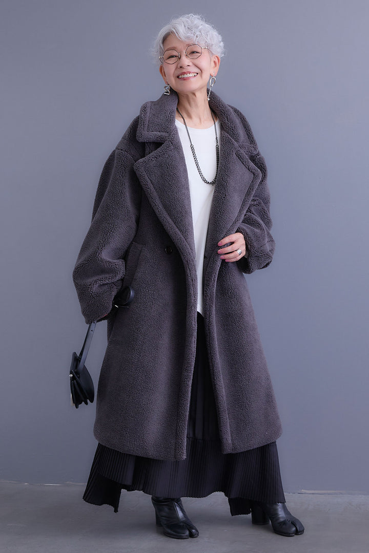 【SET】アシンメトリーロンT+テディボアロングコート+アシンメトリープリーツスカート(3set)