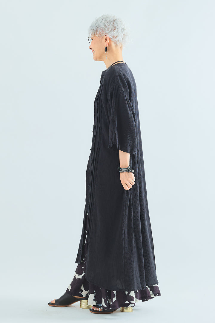 【SET】インディアンコットン×レースボリュームスリーブシャツワンピース+モノトーンフラワーフレアスカート(2set)