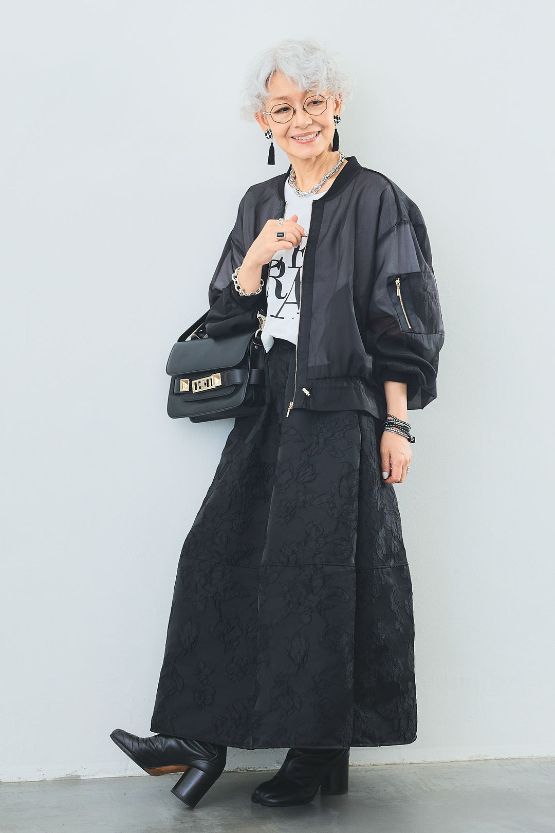 【SET】"CREAT"オーバースリットT+シアースリーブMA-1ブルゾン+ジャガードフラワースカート(3set)
