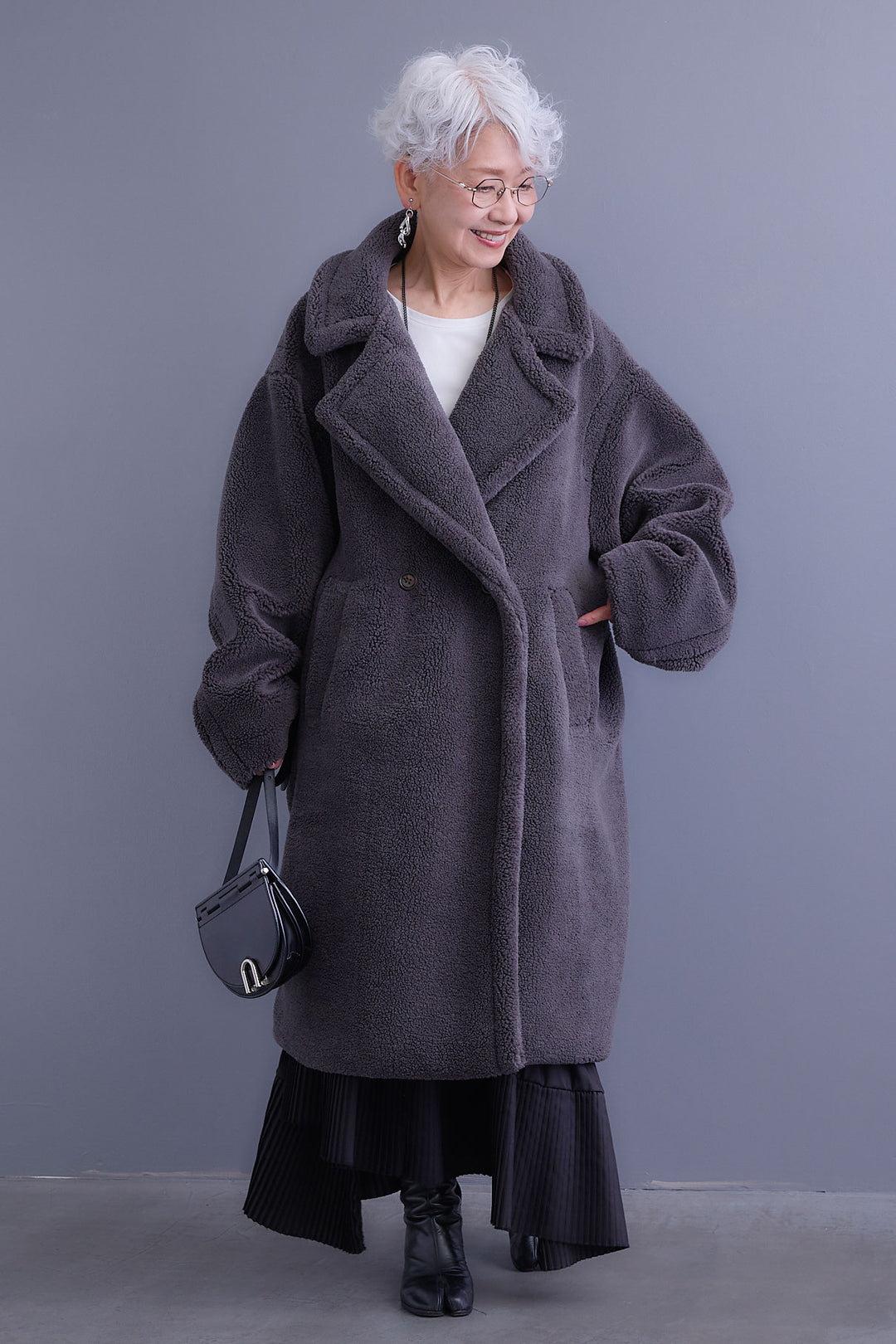 【SET】アシンメトリーロンT+テディボアロングコート+アシンメトリープリーツスカート(3set)