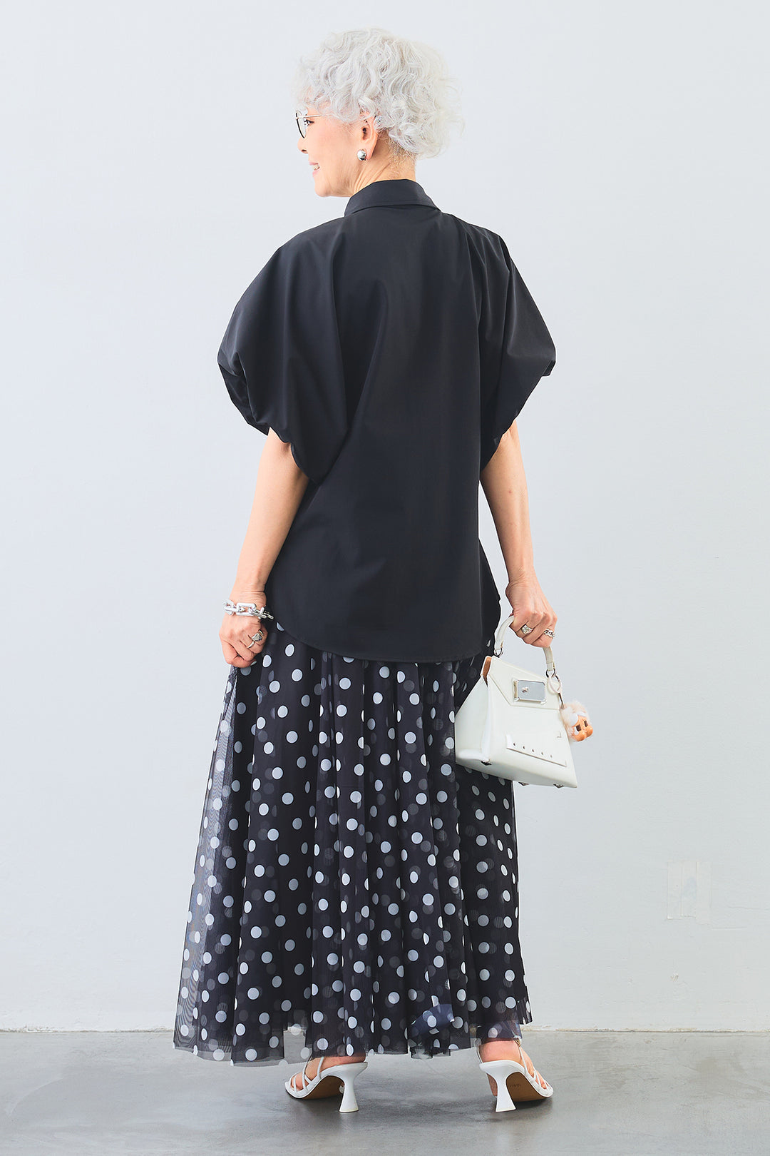 【SET】［接触冷感］ボリュームパフスリーブシャツ+ドットチュールフレアスカート(2set)
