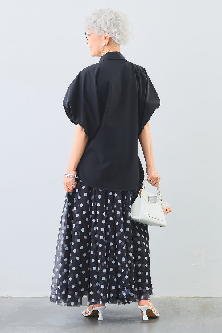【SET】［接触冷感］ボリュームパフスリーブシャツ+ドットチュールフレアスカート(2set)