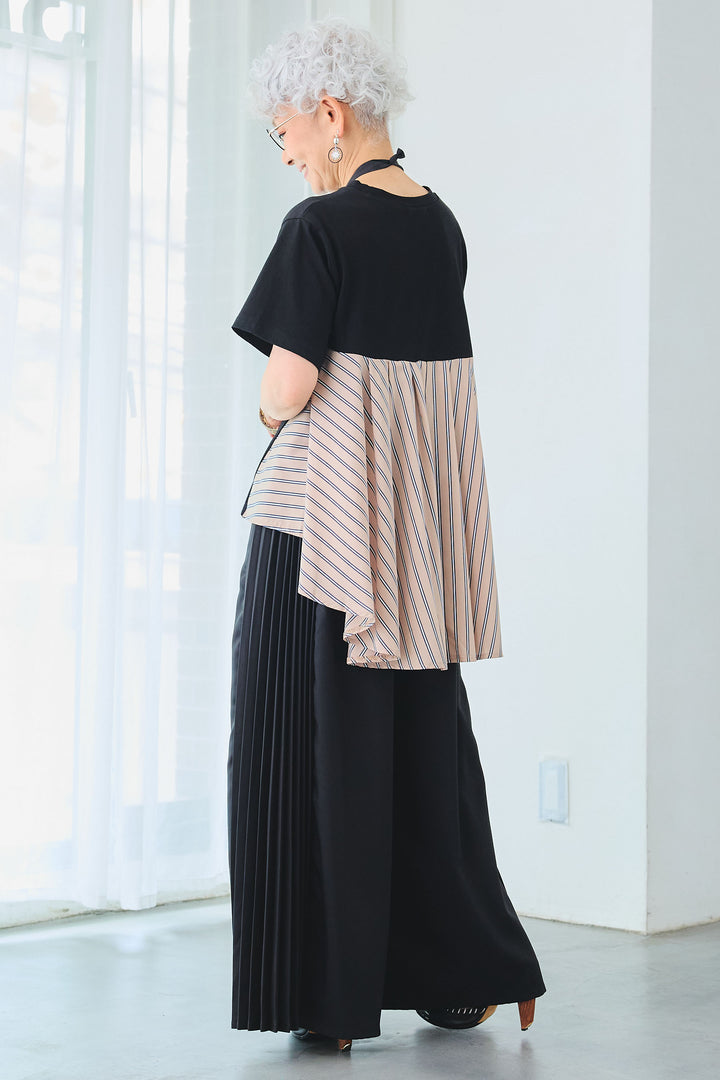 【SET】ストライプドッキングバックロングT+サイドプリーツワイドパンツ(2set)