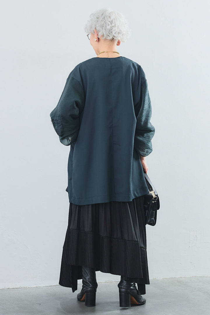 【SET】アシンメトリーロンT+MA-1オーガンジースリーブノーカラージャケット+アシンメトリープリーツスカート(3set)