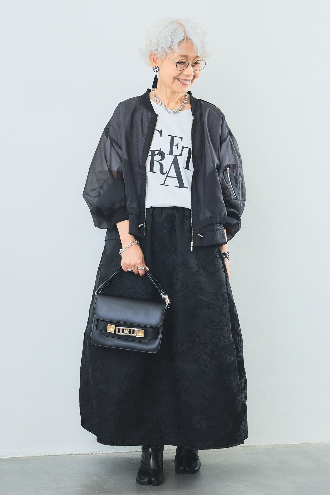 【SET】"CREAT"オーバースリットT+シアースリーブMA-1ブルゾン+ジャガードフラワースカート(3set)