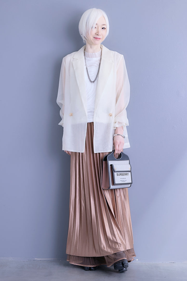 【SET】シアーポプリンダブルテーラードジャケット+ウェーブモチーフスタンドネックブラウス+2WAYラメサテンプリーツ×シアーティアードチュールスカート(3set)