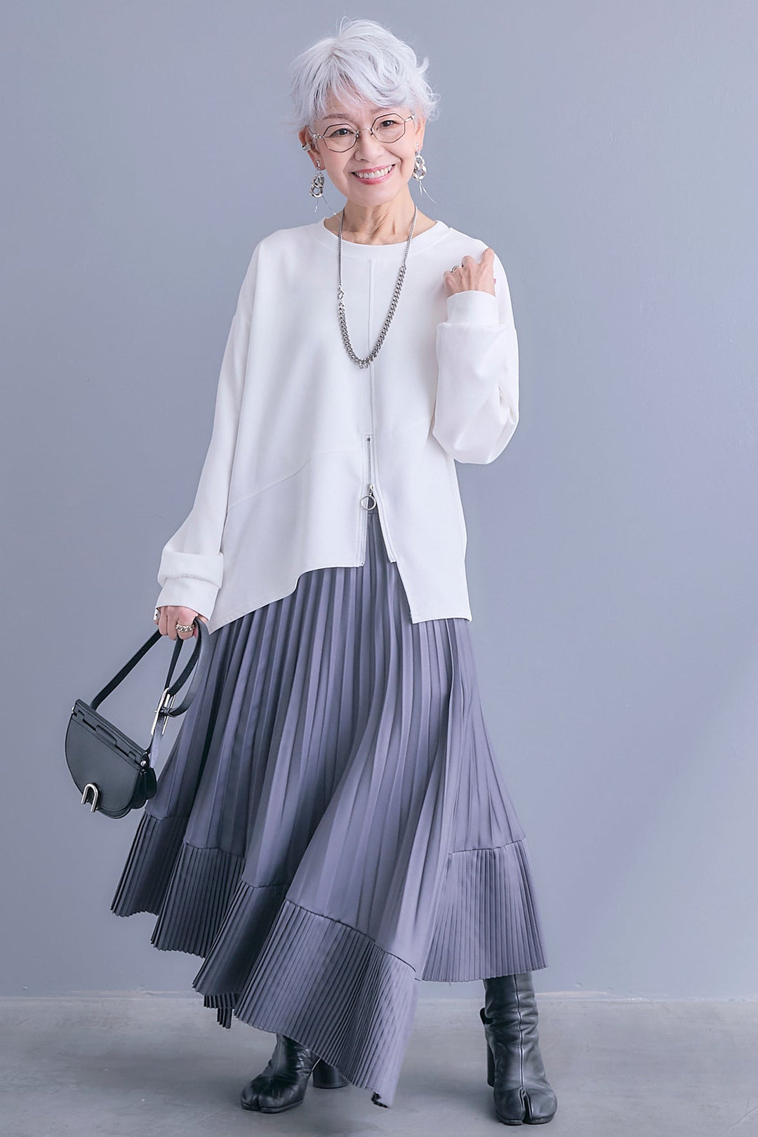 【SET】アシメリングZIPデザインプルオーバー+アシンメトリープリーツスカート(2set)