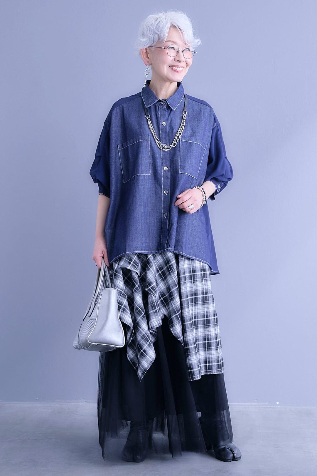 【予約】デニム×シフォンパフスリーブシャツ