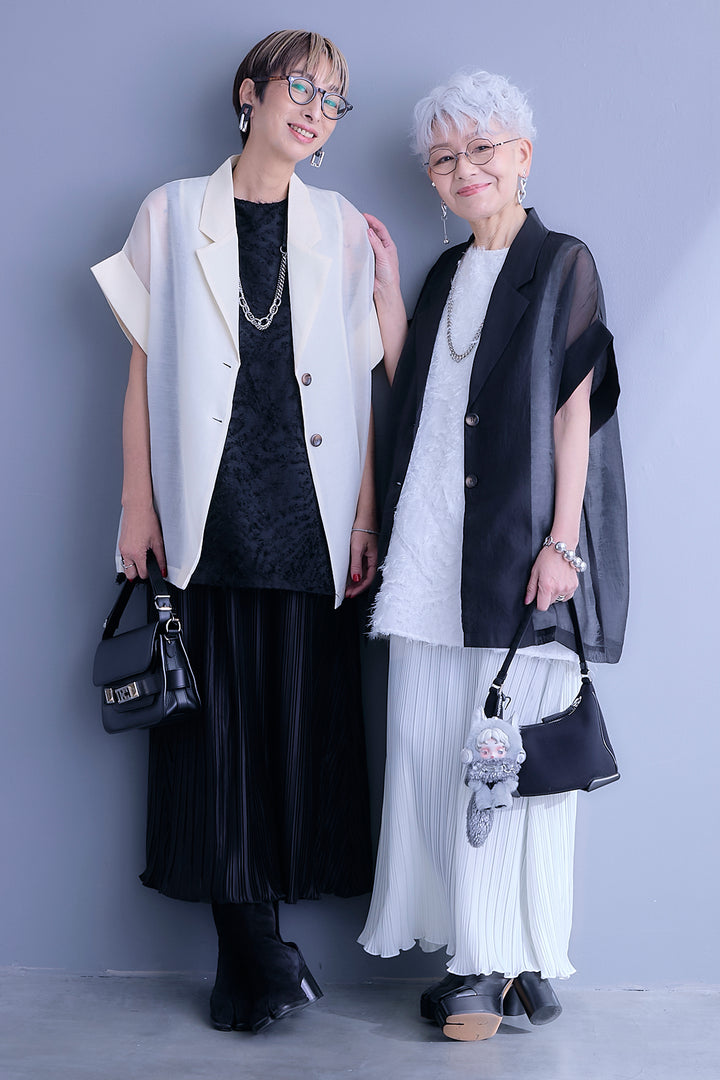 【SET】フェザージャガード×サテンプリーツノースリーブワンピース+フェザージャガード×サテンプリーツノースリーブワンピース(2set)