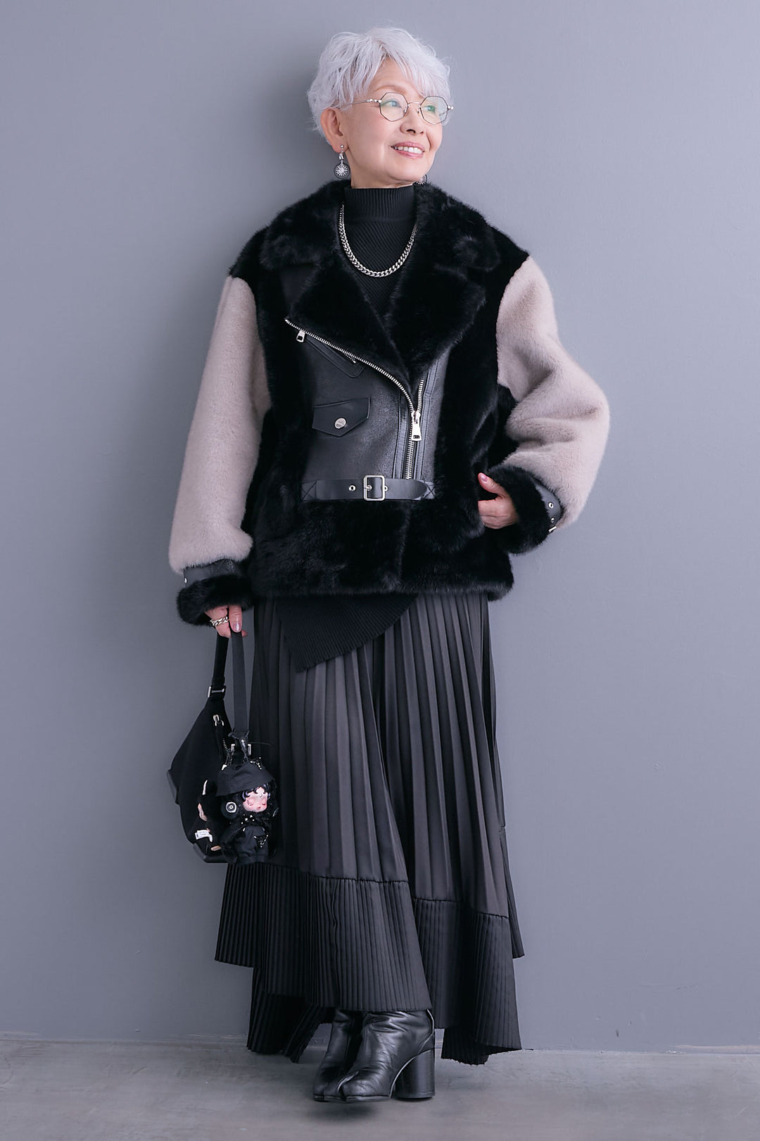 【SET】アシンメトリーオーバーニット+ライダースドッキングエコファージャケット+アシンメトリープリーツスカート(3set)