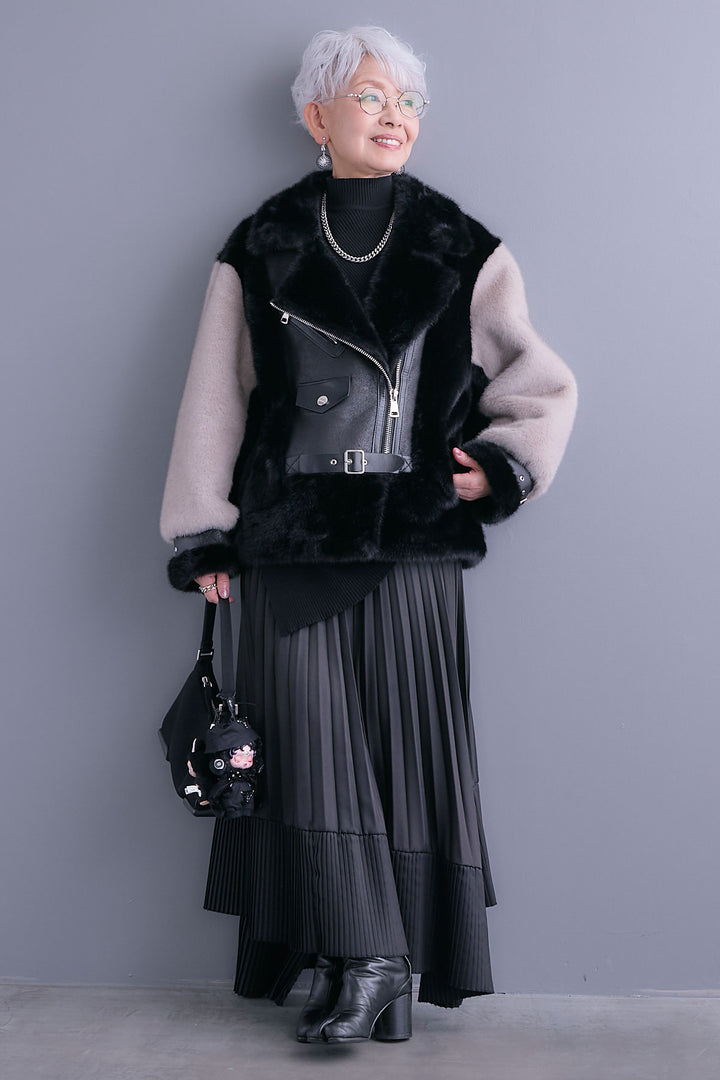 【SET】アシンメトリーオーバーニット+ライダースドッキングエコファージャケット+アシンメトリープリーツスカート(3set)