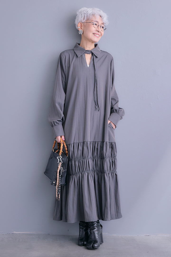 【予約】コードキーネックシャーリングデザインワンピース