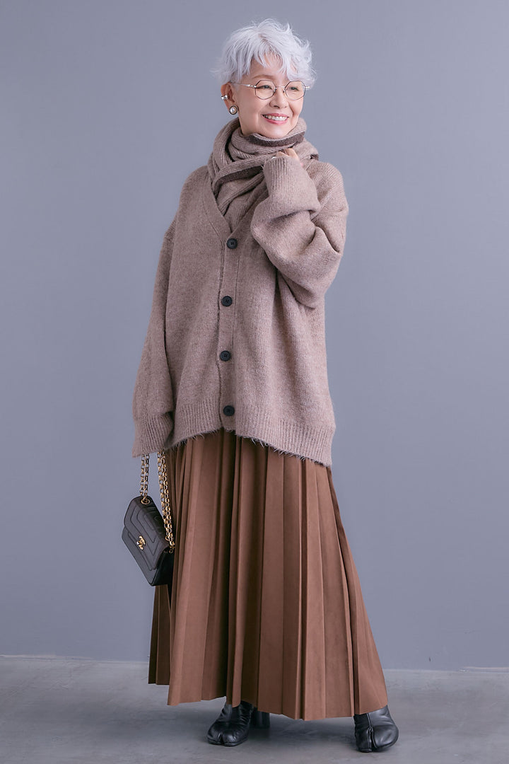 【SET】Vネックニットカーディガン&ストールSET+スエードロングプリーツスカート(2set)
